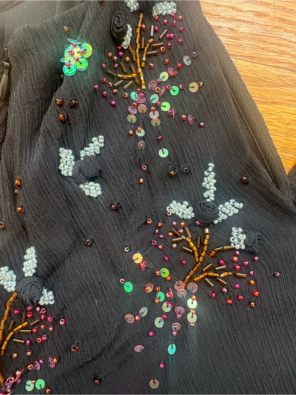 Sue Wong Black Silk Handkerchief-Hem Dress with floral Beading - Picture 8 of 8